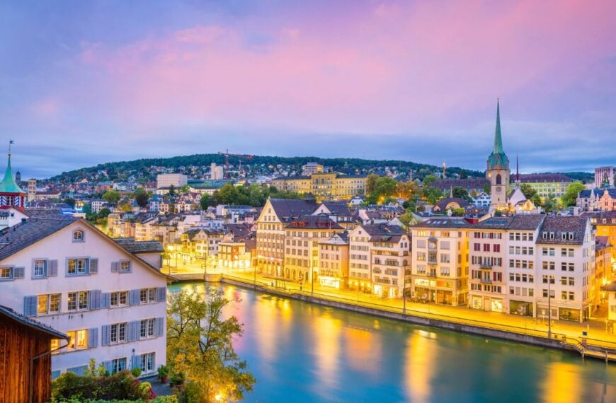 Beautiful view of historic city center of Zurich at sunset in Switzerland
