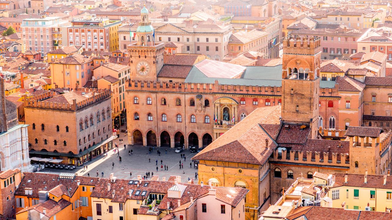 Aerial view of Bologna old town and Piazza Maggiore in Italy