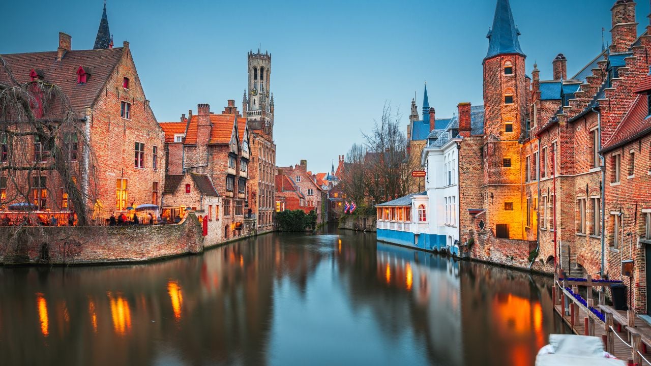 Bruges, Belgium night scene on the Rozenhoedkaai River.