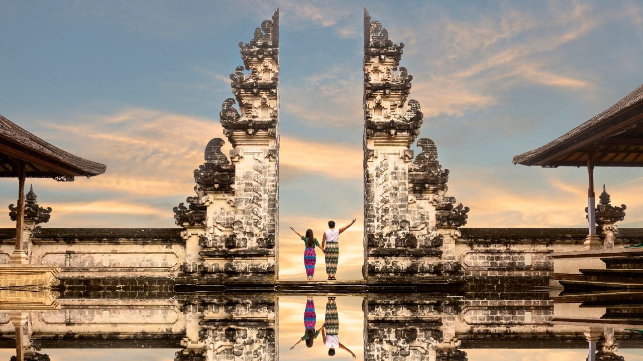 Visitors at Lempuyang Luhur Temple gate in Bali, Indonesia