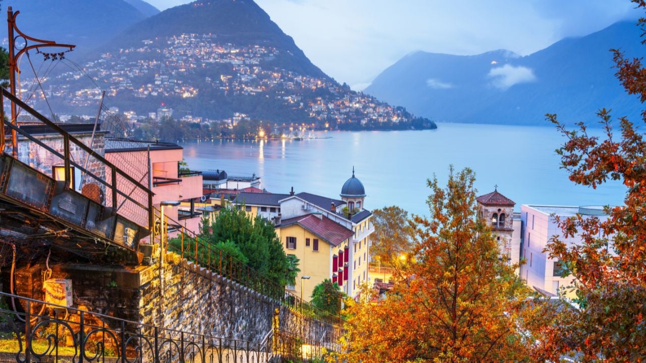 Lugano, Switzerland, with Monte Brè and Lake Lugano at night