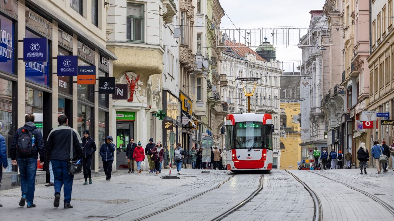 Masarykova Street with a tram in Brno, Czech Republic