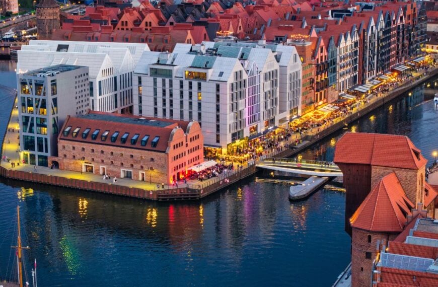 Gdansk, Poland - April 18, 2025: Beautiful Main Town of Gdansk at dusk from the drone view. Poland
