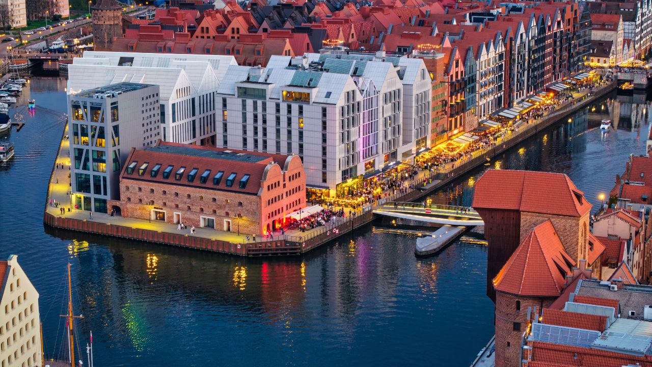 Gdansk, Poland - April 18, 2025: Beautiful Main Town of Gdansk at dusk from the drone view. Poland