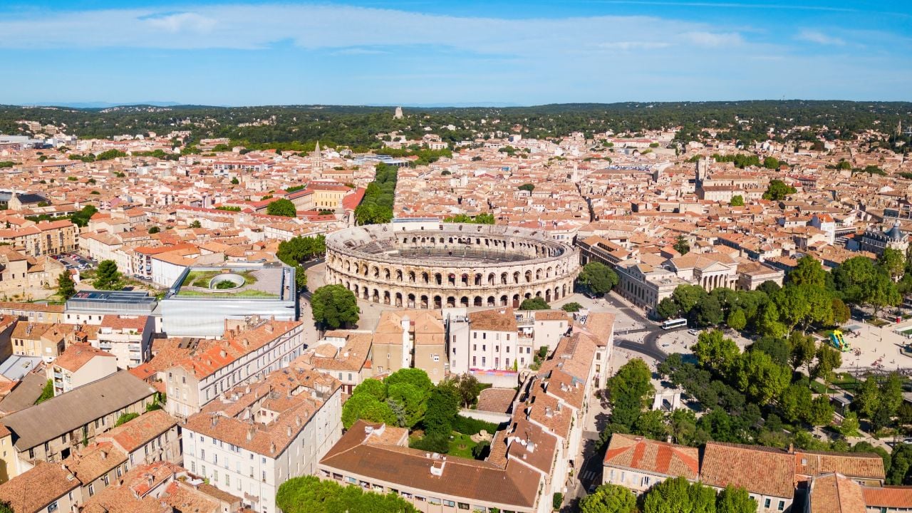 Aerial view of the Arena of Nîmes in southern France