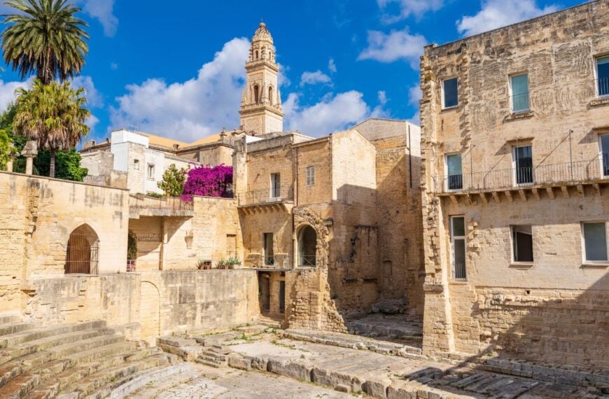 Italy, Apulia, Province of Lecce, Lecce. Bell tower, Duomo dell'Assunta, Cathedral, viewed from a Roman theater.