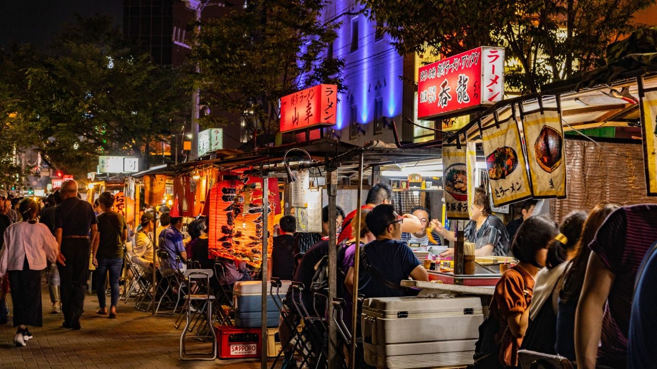 Yatai food stalls along the Nakasu riverside in Fukuoka, Japan