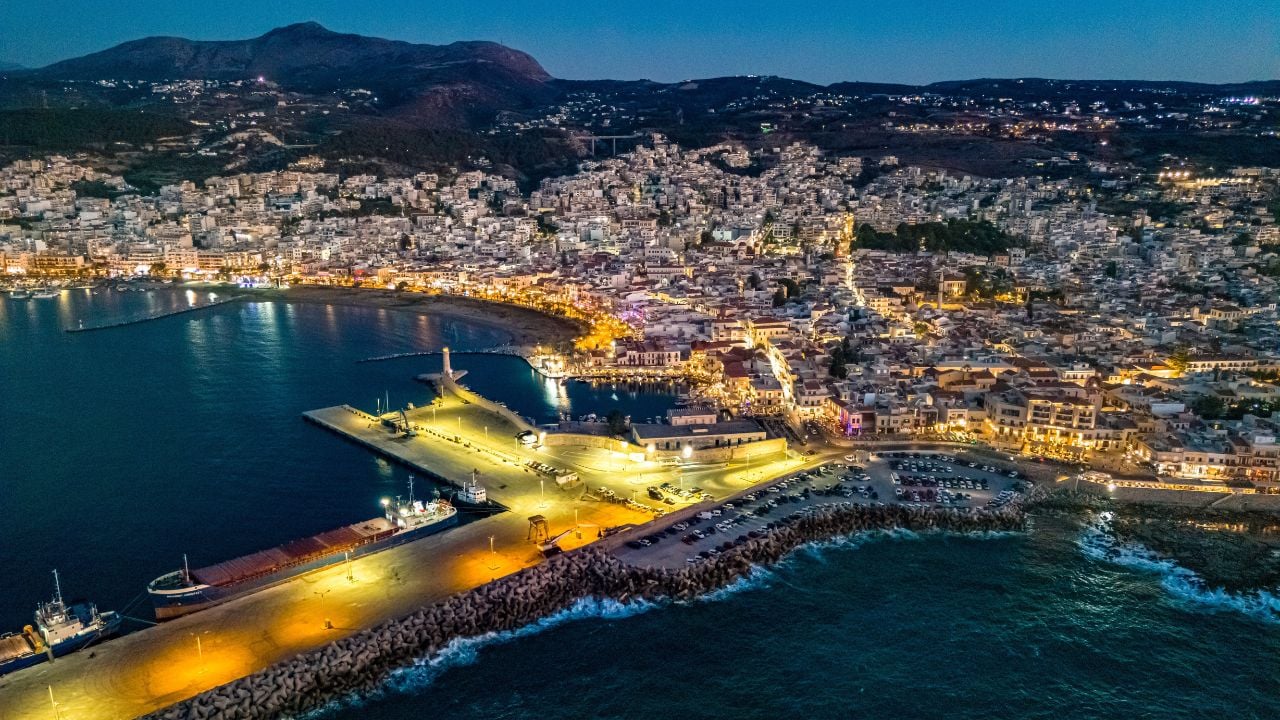 RETHYMNO, GREECE - JUL 6, 2024: Aerial view of the city of Rethymno, Crete, Greece.