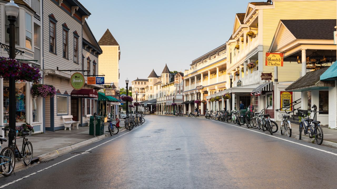 Quiet downtown street on Mackinac Island, Michigan, after rain