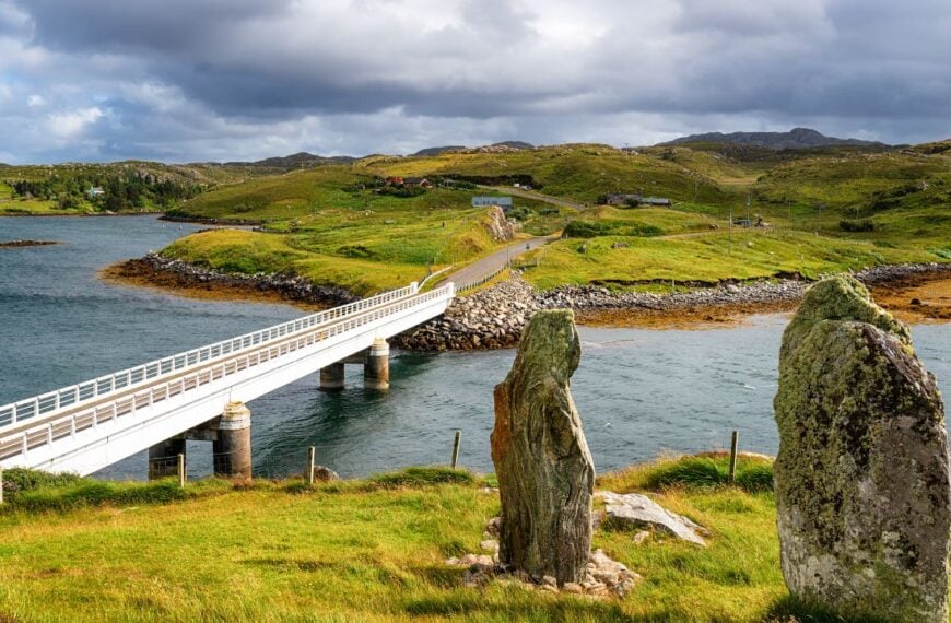 The bridge over the Atlantic and the standing stones of Callanish VIII on Great Bernera, a small island off the Isle of Lewis in the Outer Hebrides of Scotland