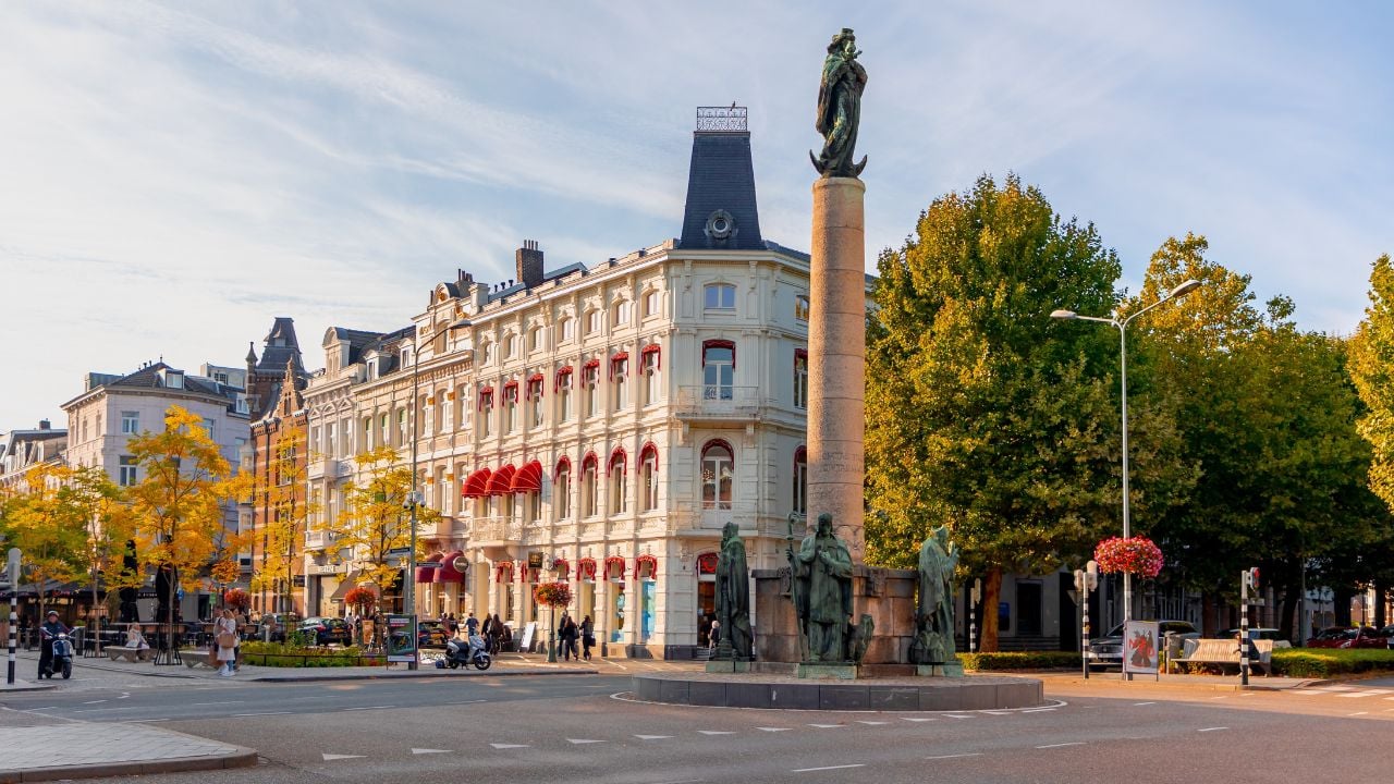 Autumn cityscape in Maastricht, Netherlands, with traditional houses near the Wyck neighborhood