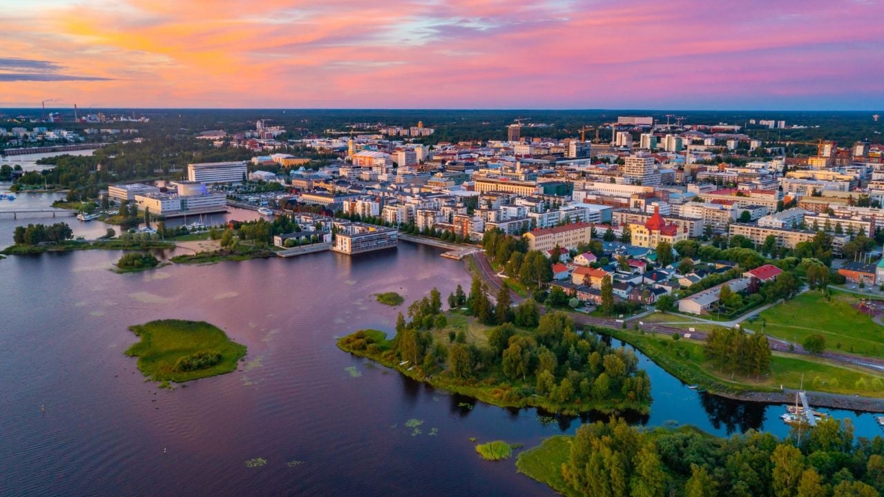 Sunset panorama view of central Oulu, Finland