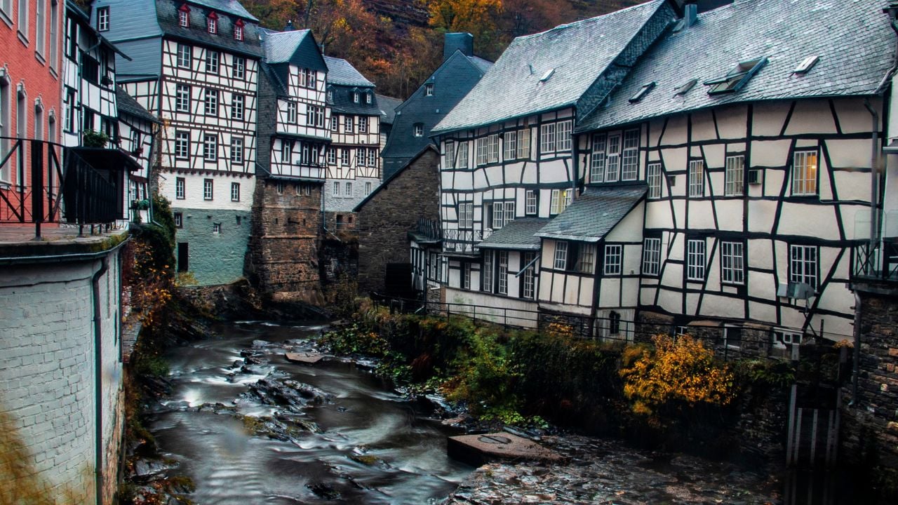 Half-timbered houses beside the Rur River in Monschau, Germany