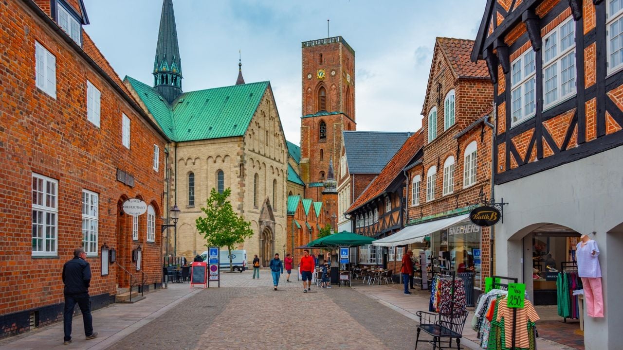 Street leading toward Ribe Cathedral in Denmark