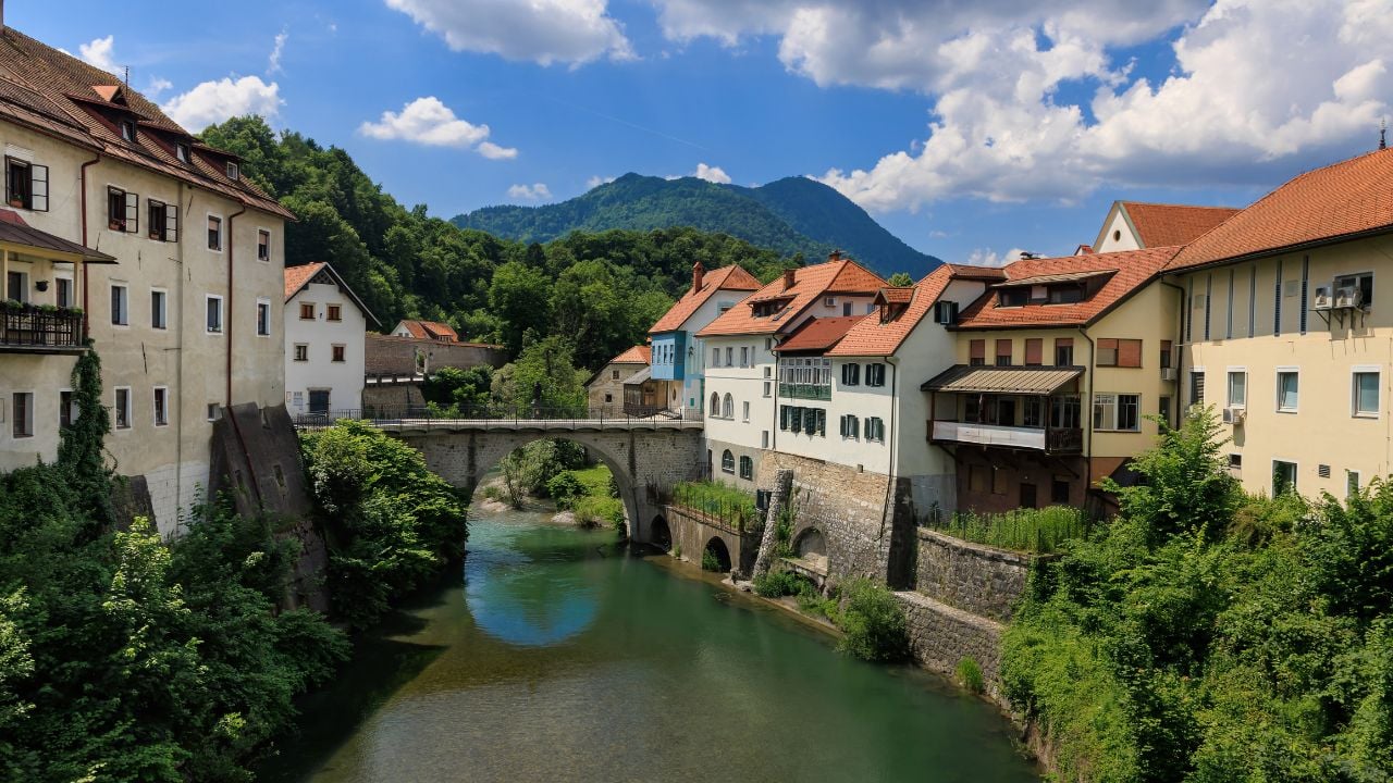 Capuchin Bridge over the Selška Sora River in Škofja Loka, Slovenia