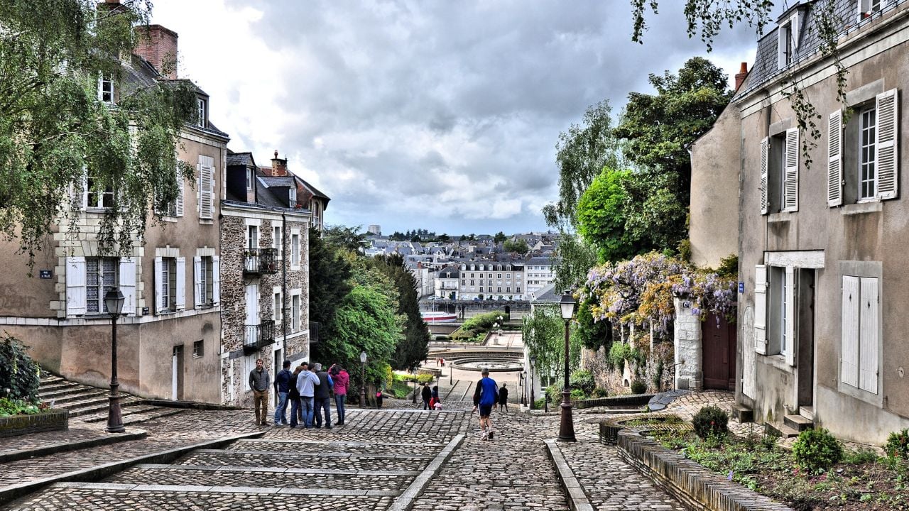 Historic center street in Angers, France, near Château d'Angers