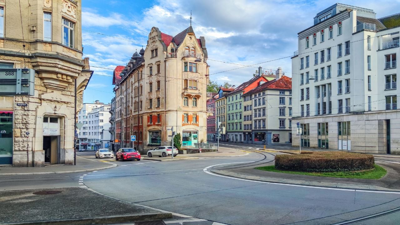 Street in St. Gallen, Switzerland, with historic and modern architecture