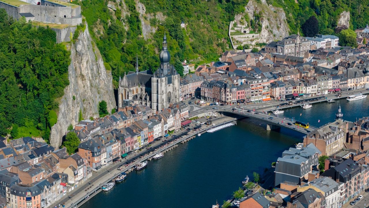 Waterfront of Dinant, Belgium, at sunset