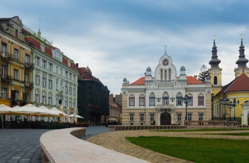 Picturesque colored architecture of Unirii Square in romanian town Timisoara