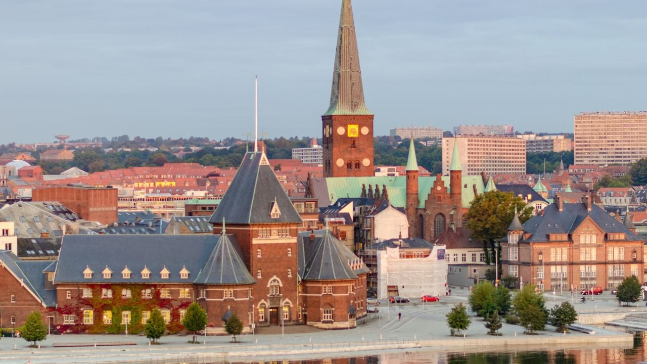 Aarhus waterfront with the cathedral and historic buildings in Denmark