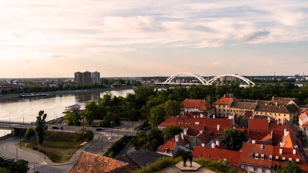 Sunset view of Novi Sad and the Danube from Petrovaradin Fortress in Serbia