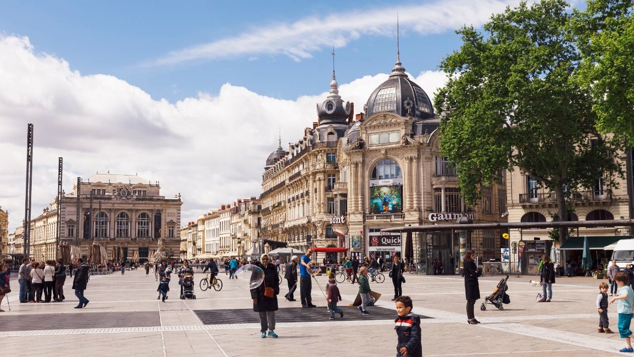 Place de la Comédie with historic buildings in Montpellier, France