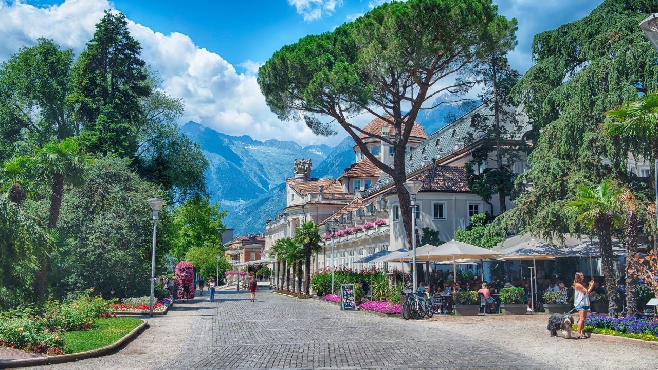 Pedestrian street with shops and restaurants in Merano, South Tyrol, Italy