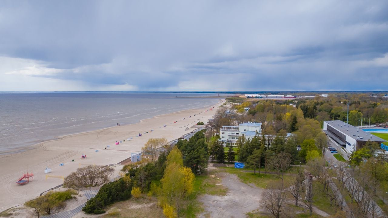 Aerial view of Pärnu, Estonia, on the Baltic Sea coast with a sandy beach
