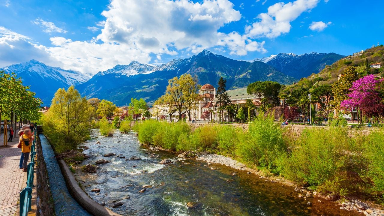 River in Merano city centre view. Merano or Meran is a town in South Tyrol province in northern Italy.
