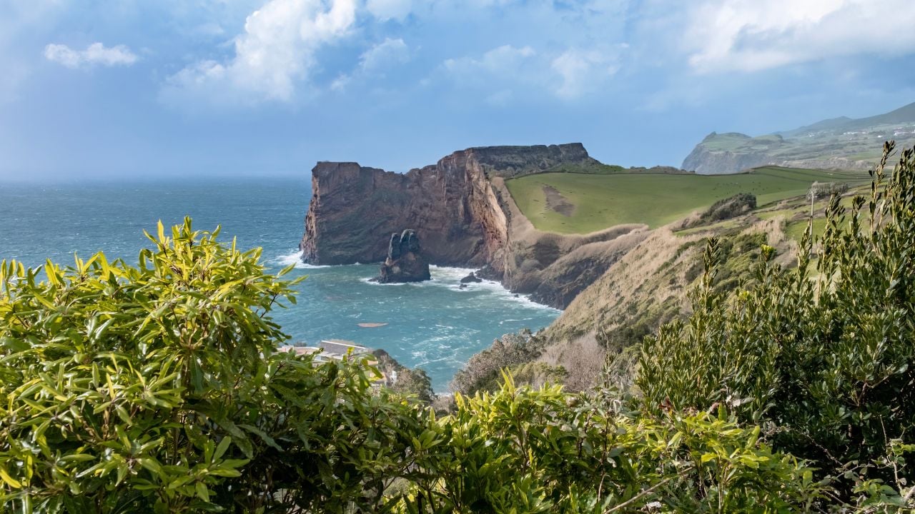 Dramatic cliffs and turquoise water on São Jorge in the Azores, Portugal