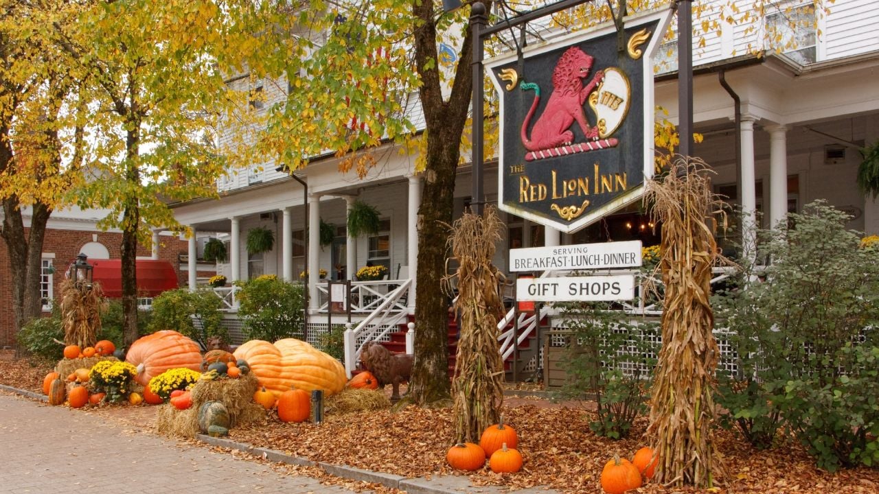 Stockbridge, Massachusetts, USA - October 14 2023: A sign greets visitors to the historic Red Lion Inn during fall season