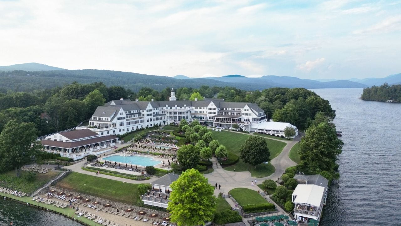 Bolton Landing, New York - July 12, 2025: Aerial View from Bolton Landing on Lake George in upstate NY with historic Sagamore Resort hotel in view.