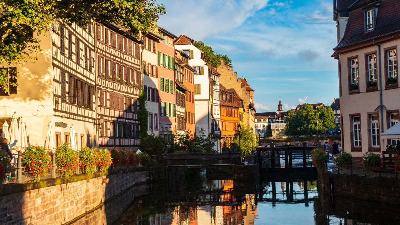 Traditional half-timbered houses on the canals district La Petite France in Strasbourg, Alsace, France. UNESCO World Heritage Site