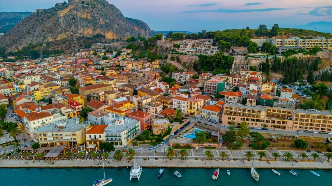 Palamidi fortress ovelooking seaside promenade at Greek town Nafplio.
