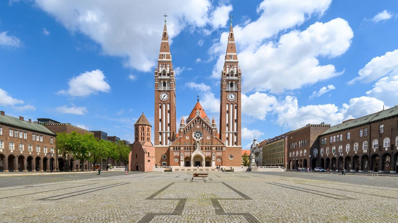 Panorama of the Votive Church and Cathedral of Our Lady of Hungary in Szeged, Hungary
