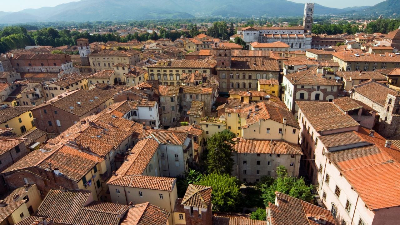 View of lucca from torre guinigi, lucca, tuscany, italy, europe