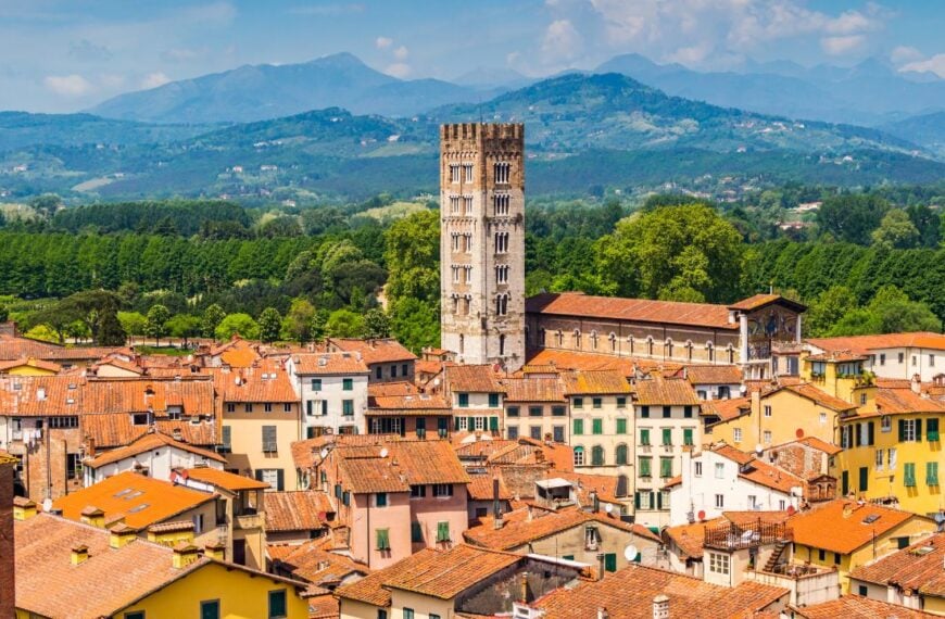 View over Italian town Lucca with typical terracotta roofs