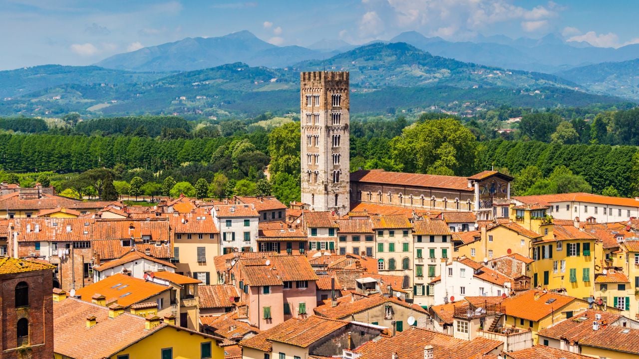 View over Italian town Lucca with typical terracotta roofs