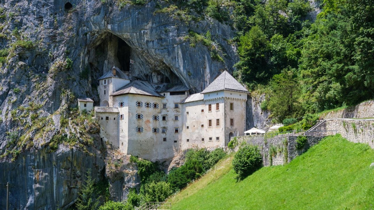 Predjama Castle built into a cliff in Slovenia