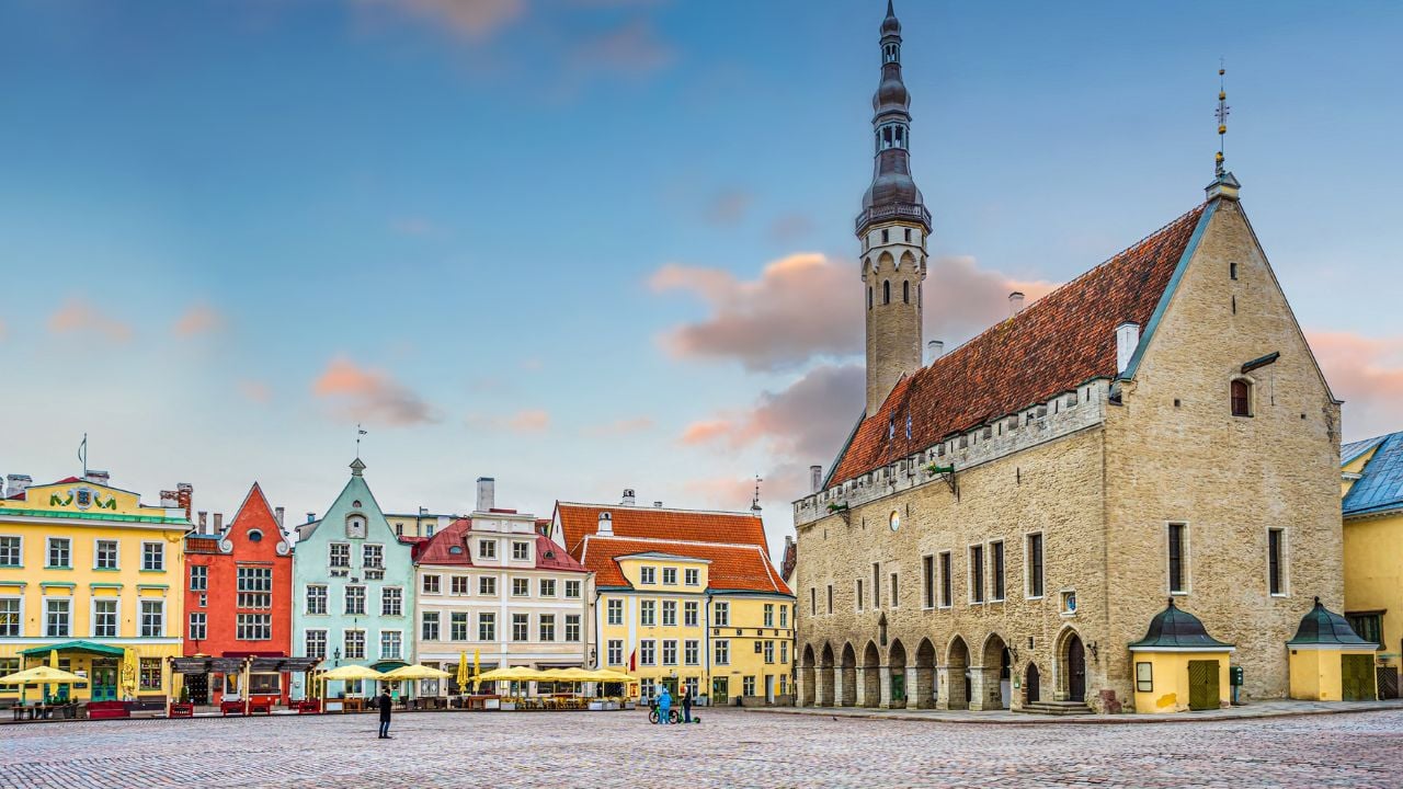 Old town Tallinn city skyline, cityscape of Estonia at sunset