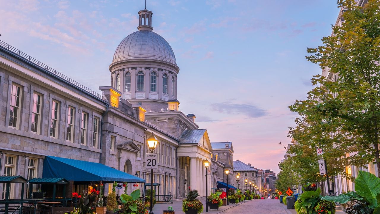 Cobblestone street in Old Montreal at twilight