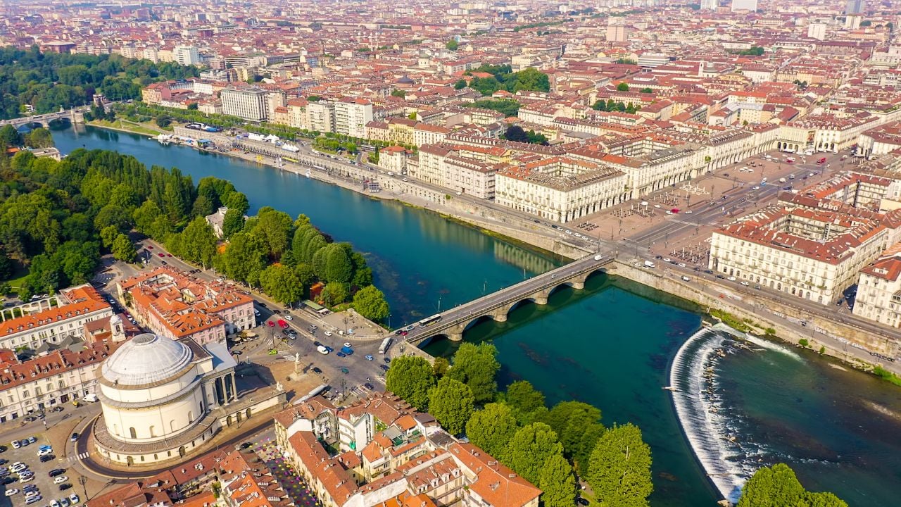 Turin, Italy. Flight over the city. Catholic Parish Church Gran Madre Di Dio, Aerial View
