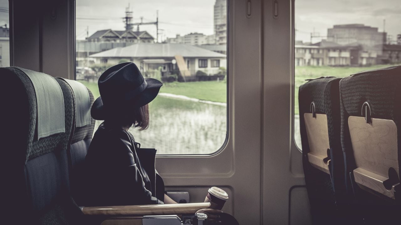 Enjoying travel. Young pretty woman traveling by the japan classic train sitting near the window. vintage filter.
