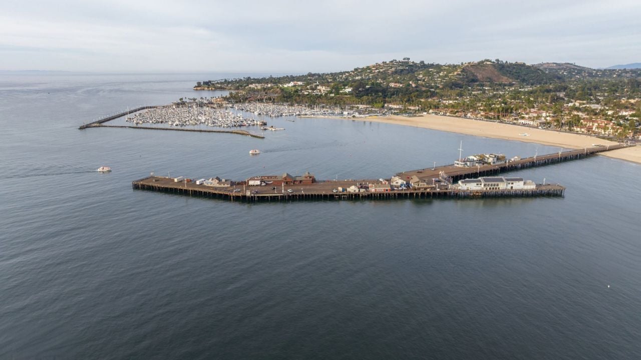 Aerial view of the Santa Barbara harbor and marina. Santa Barbara is the county seat and is a popular tourist and resort destination, nicknamed the American Riviera.