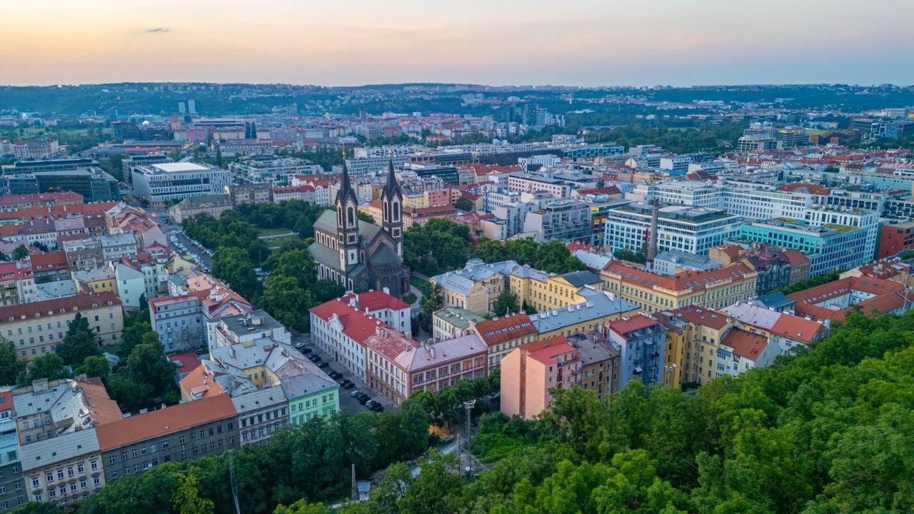 Karlínské náměstí in Prague at sunset