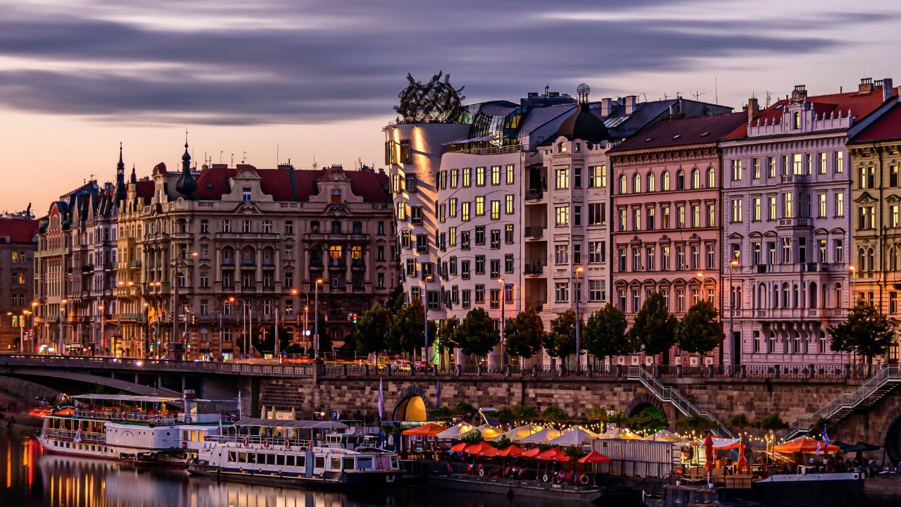 Náplavka river embankment beside the Vltava in Prague at twilight