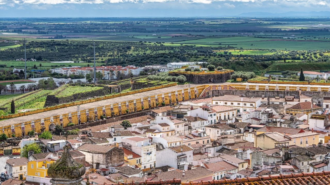 View over Elvas in Portugal with its typical Portuguese buildings and cobblestone streets. Cityscape