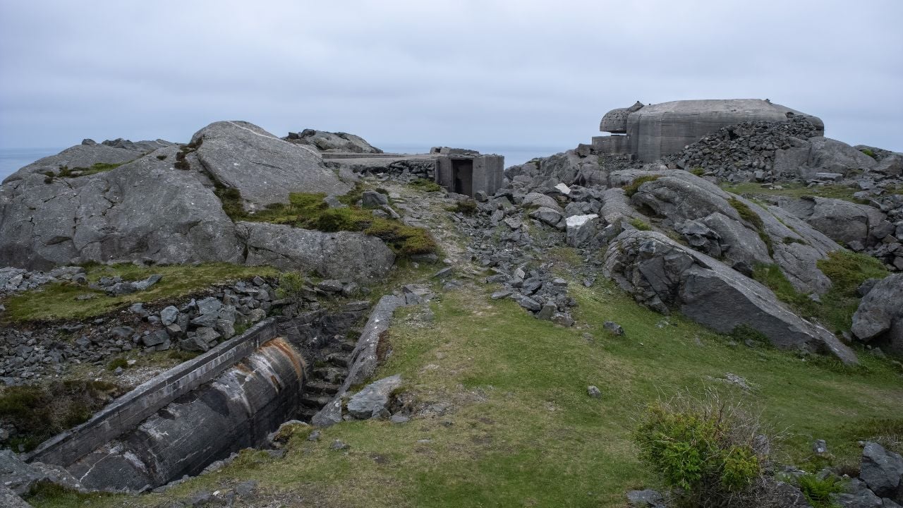 Skudeneshavn, Norway - June 8, 2022: Syreneset fort is a German coastal fort from the Second World War at Syre on Karmoy. It was equipped with five 122 mm ex-Russian field guns. Selective focus.