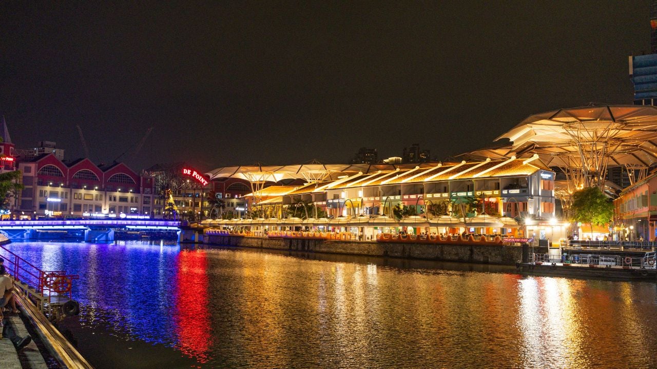 Nightlife and riverside lights at Clarke Quay in Singapore