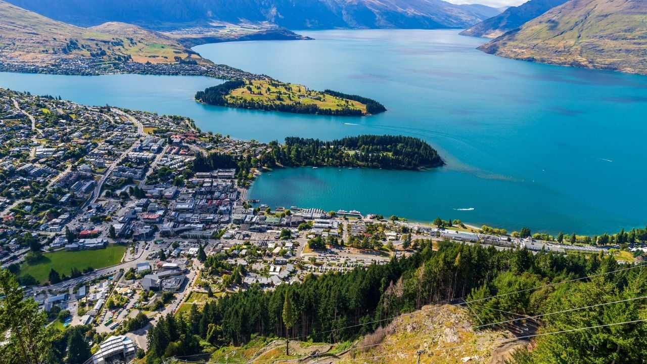 Queenstown skyline beside Lake Wakatipu on New Zealand's South Island